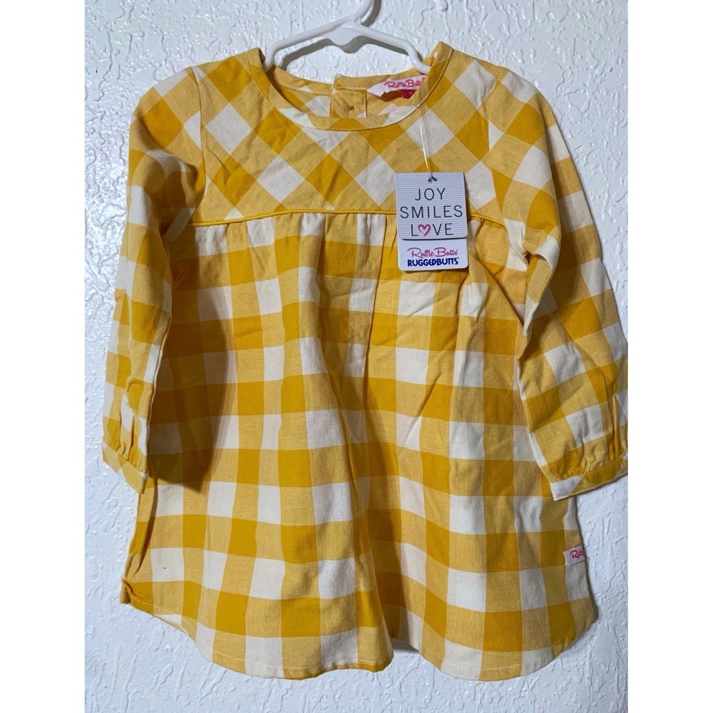 RuffleButts Yellow Plaid Button Down Dress. Size 6-12 months  NWT